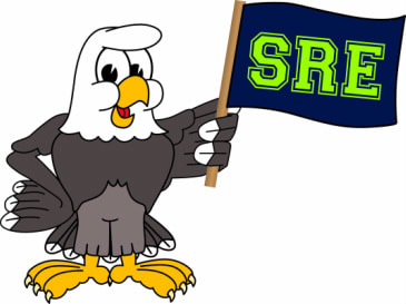 SRE eagle mascot holding school flag
